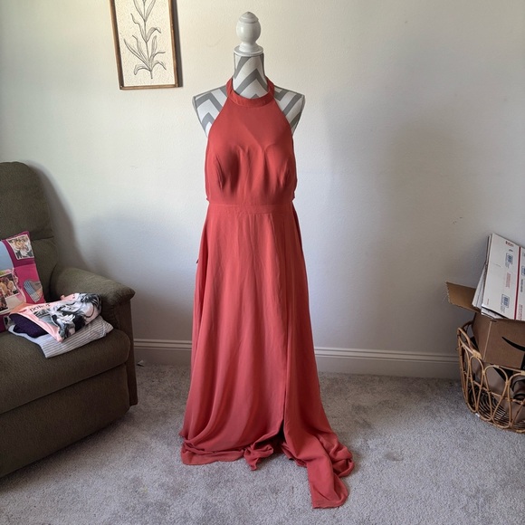 NWT Azazie Clarice Coral Halter Maxi Dress - Picture 3 of 9
